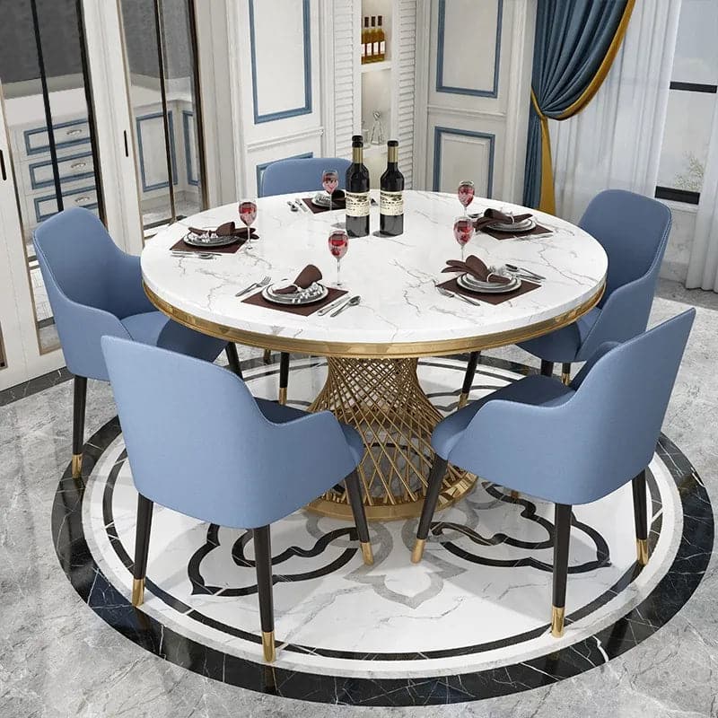 Table de salle à manger ronde moderne de 51 pouces, plateau en faux marbre et socle en acier inoxydable doré