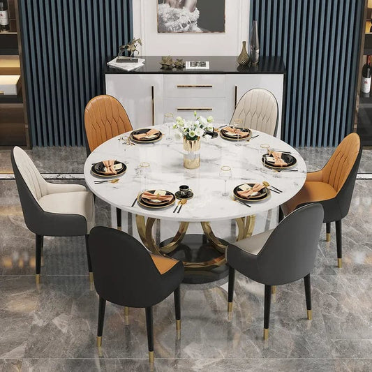 Table de salle à manger ronde blanche moderne de 53 pouces pour 6 personnes, plateau en faux marbre, piédestal doré et noir