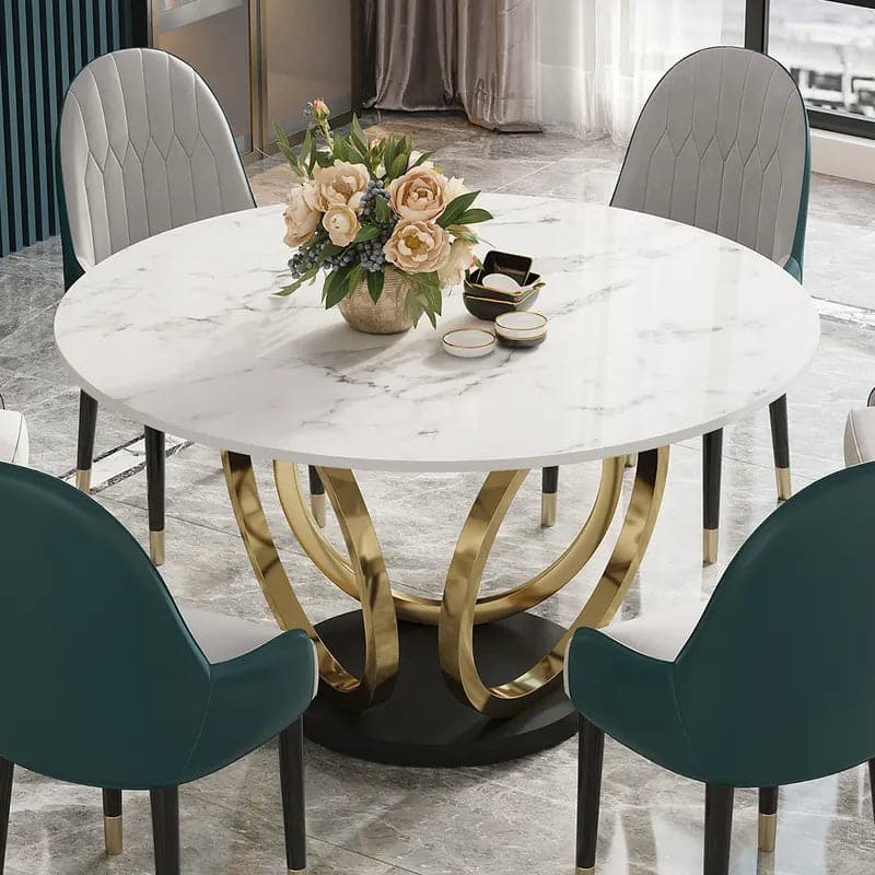 Table de salle à manger ronde blanche moderne de 53 pouces pour 6 personnes, plateau en faux marbre, piédestal doré et noir