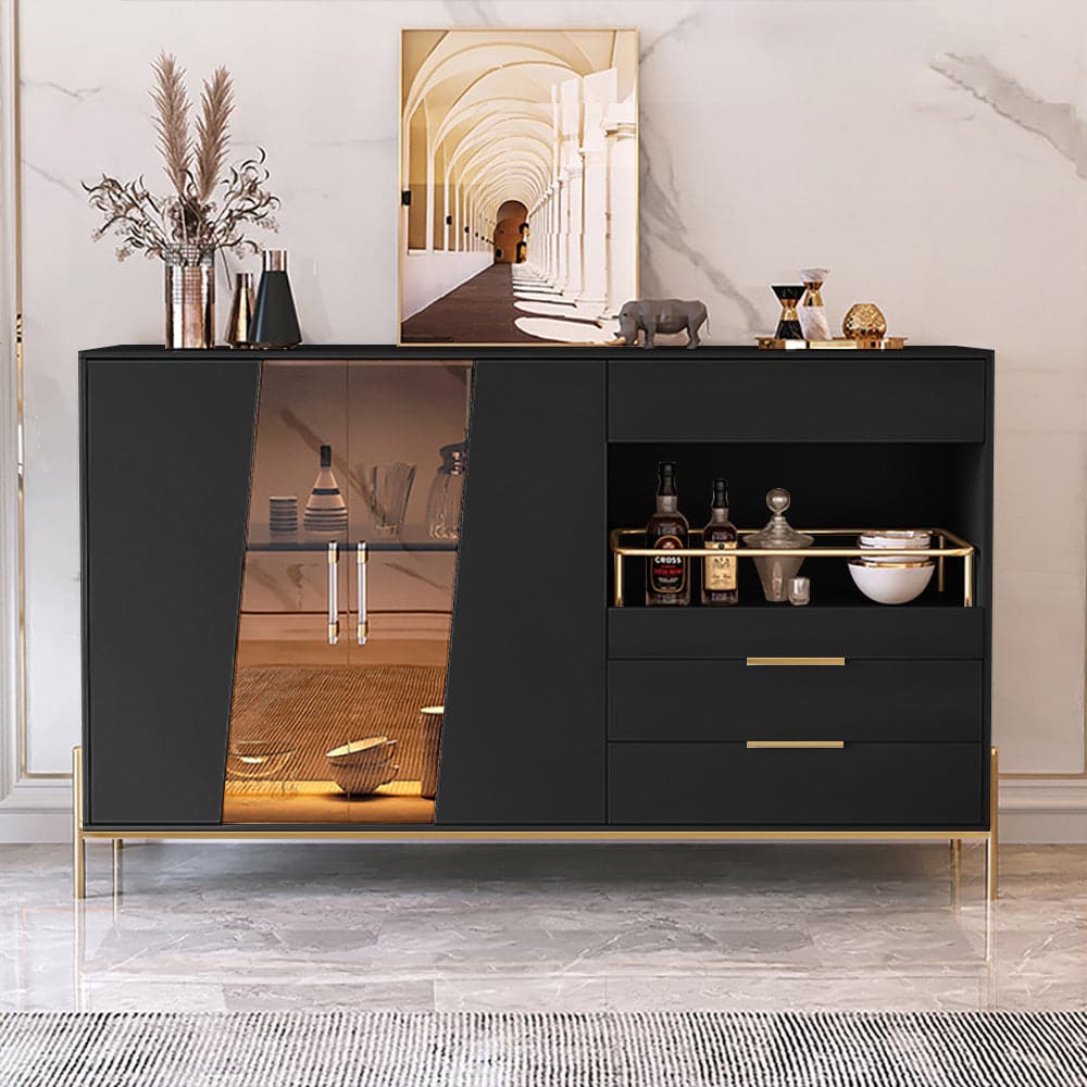 Modern 55.1 Light Khaki Sideboard Buffet Tempered Glass Doors & Shelf Tray Wine Rack#Black