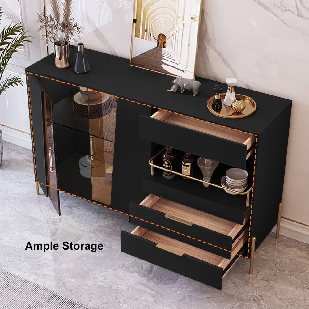 Modern 55.1 Light Khaki Sideboard Buffet Tempered Glass Doors & Shelf Tray Wine Rack#Black