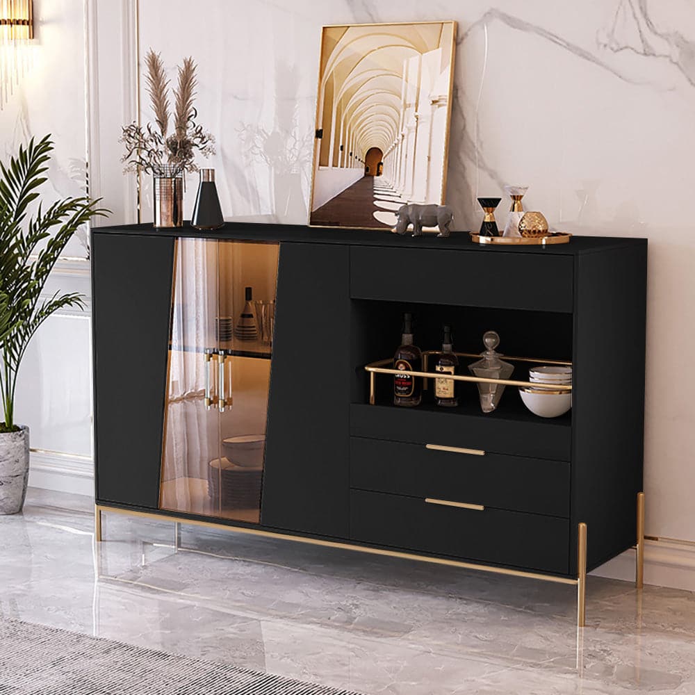 Modern 55.1 Light Khaki Sideboard Buffet Tempered Glass Doors & Shelf Tray Wine Rack#Black