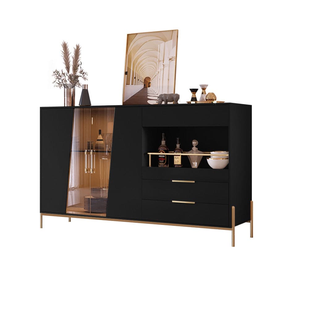 Modern 55.1 Light Khaki Sideboard Buffet Tempered Glass Doors & Shelf Tray Wine Rack#Black