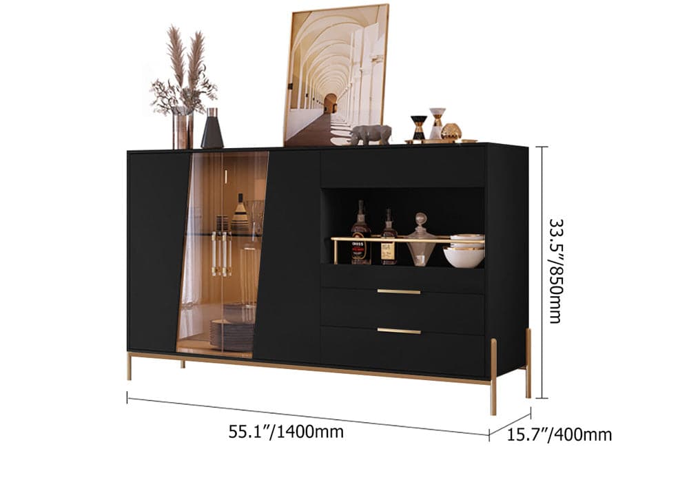 Modern 55.1 Light Khaki Sideboard Buffet Tempered Glass Doors & Shelf Tray Wine Rack#Black