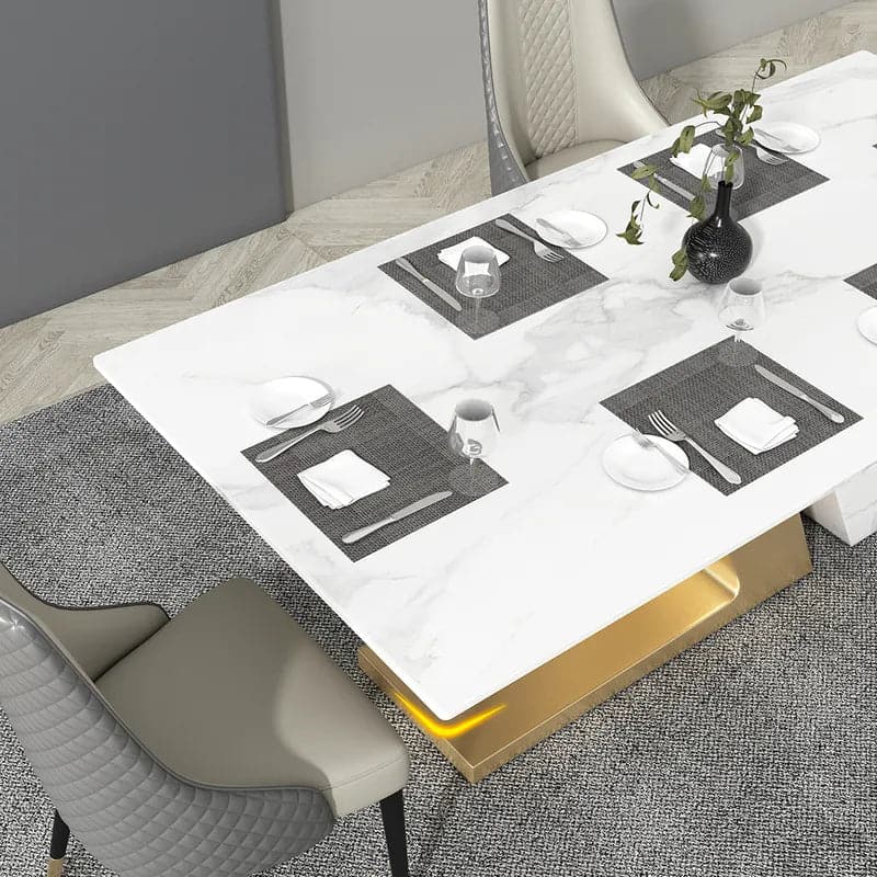 Table de salle à manger blanche moderne 63"/71"/79" pour 8 rectangles en pierre frittée et piédestal en acier inoxydable