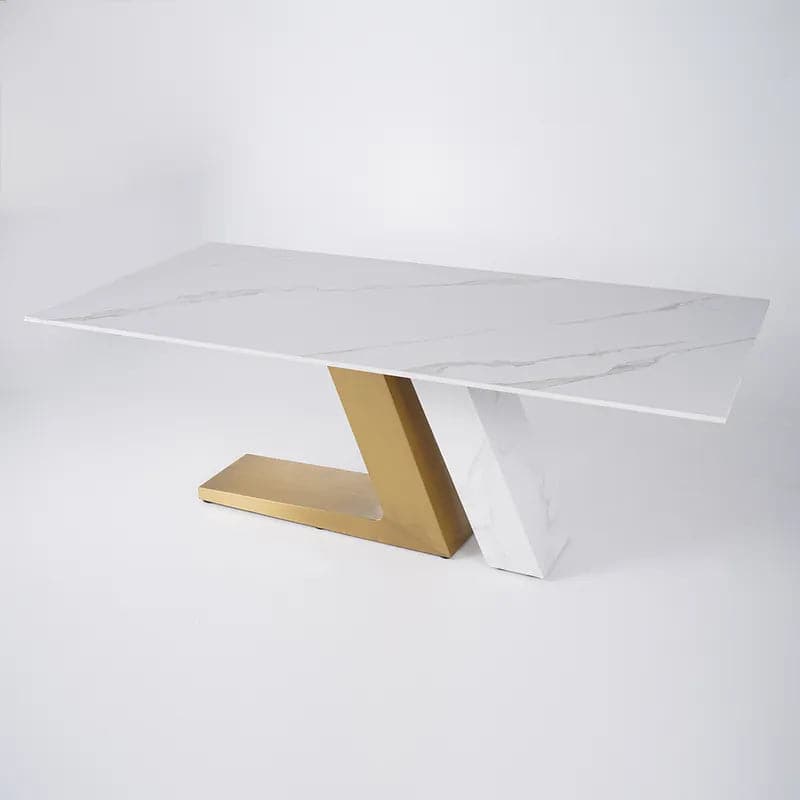 Table de salle à manger blanche moderne 63"/71"/79" pour 8 rectangles en pierre frittée et piédestal en acier inoxydable