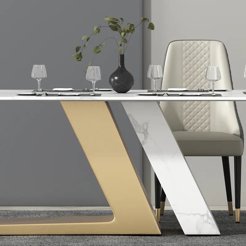 Table de salle à manger blanche moderne 63"/71"/79" pour 8 rectangles en pierre frittée et piédestal en acier inoxydable