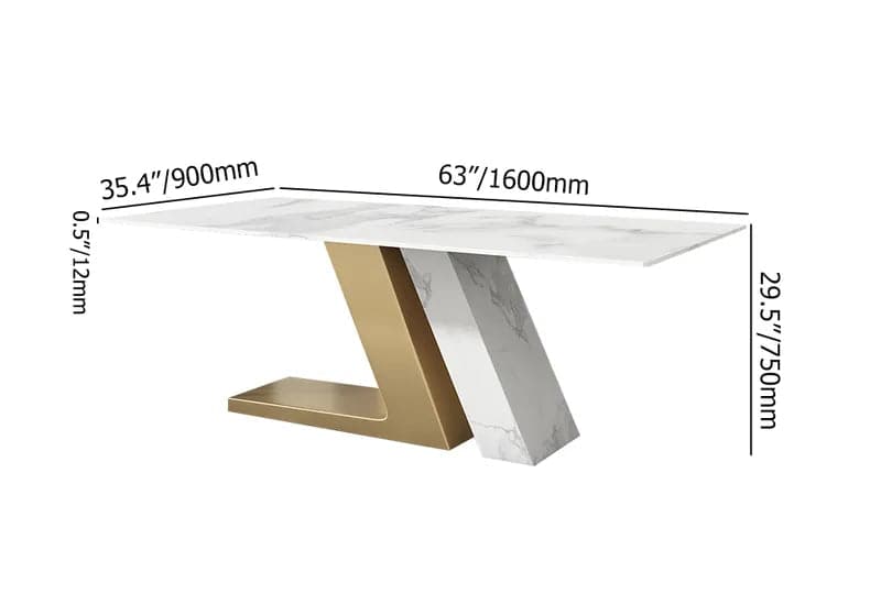 Table de salle à manger blanche moderne 63"/71"/79" pour 8 rectangles en pierre frittée et piédestal en acier inoxydable