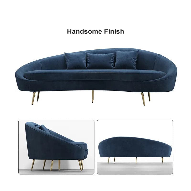 Modern 83 Inches Blue Velvet Curved 3 Seater Sofa Gold Legs Toss Pillow Included