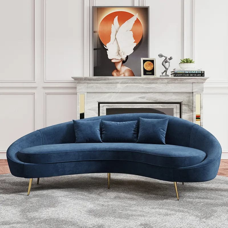 Modern 83 Inches Blue Velvet Curved 3 Seater Sofa Gold Legs Toss Pillow Included