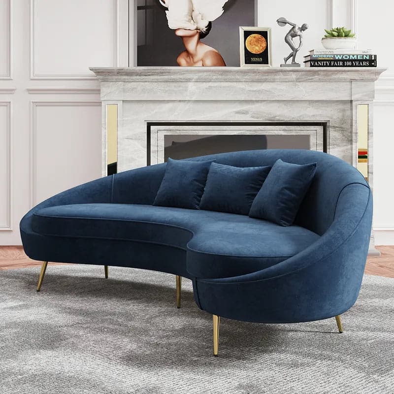 Modern 83 Inches Blue Velvet Curved 3 Seater Sofa Gold Legs Toss Pillow Included