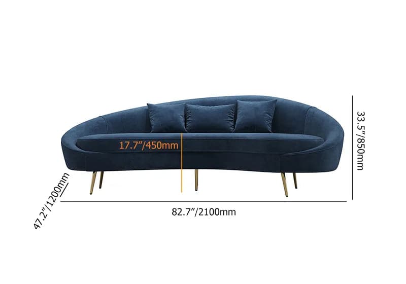 Modern 83 Inches Blue Velvet Curved 3 Seater Sofa Gold Legs Toss Pillow Included