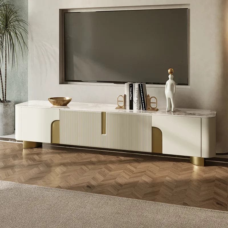 Meuble TV moderne beige avec dessus en pierre 4 portes avec console multimédia de rangement pour téléviseurs jusqu'à 85"