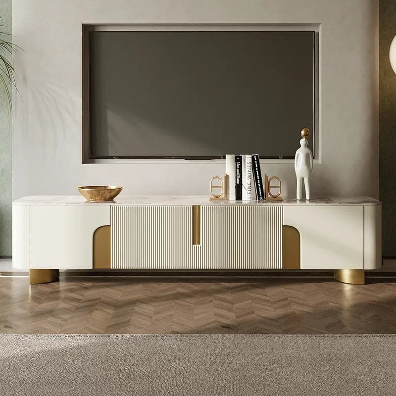 Meuble TV moderne beige avec dessus en pierre 4 portes avec console multimédia de rangement pour téléviseurs jusqu'à 85"