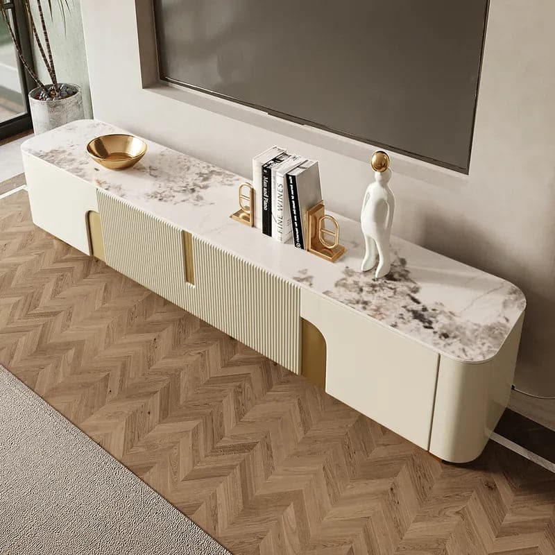 Meuble TV moderne beige avec dessus en pierre 4 portes avec console multimédia de rangement pour téléviseurs jusqu'à 85"