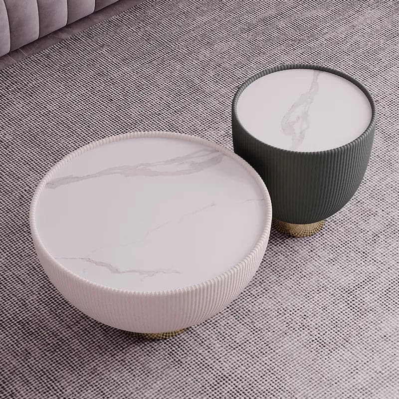 Modern Beige & Gray Drum Sintered Stone Round PU-Leather Coffee Table Set