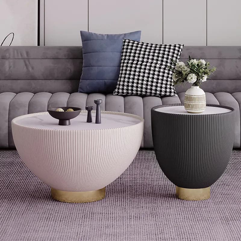 Modern Beige & Gray Drum Sintered Stone Round PU-Leather Coffee Table Set