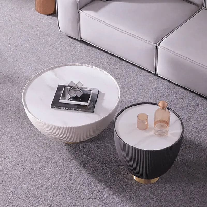 Modern Beige & Gray Drum Sintered Stone Round PU-Leather Coffee Table Set