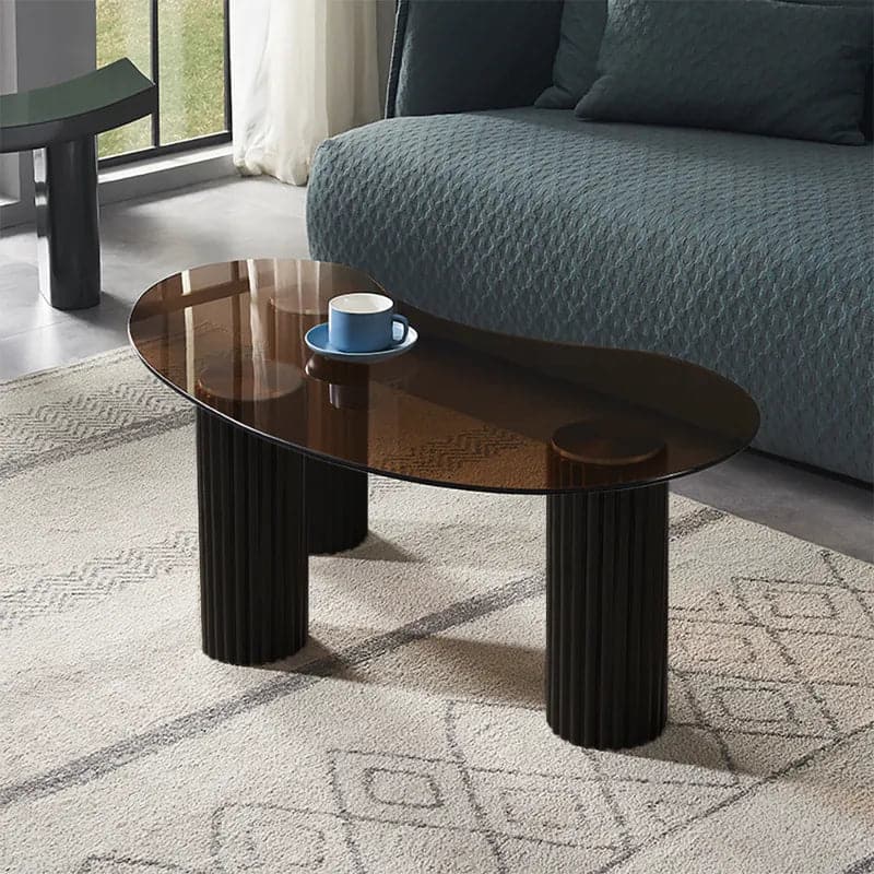 Table basse noire moderne avec verre trempé et pieds en bois massif 