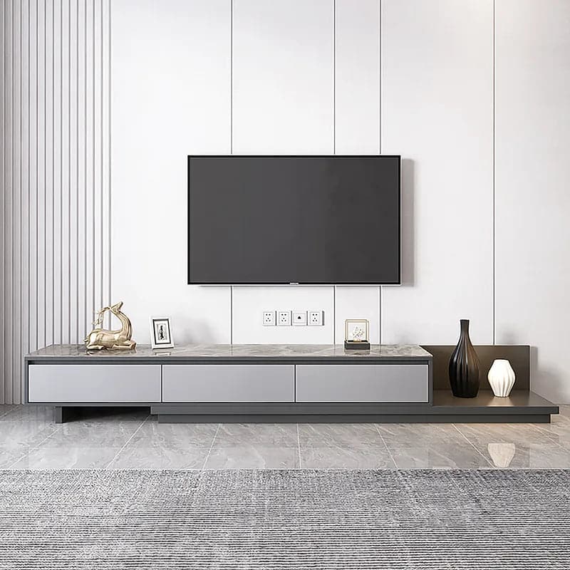 Modern Black Extendable Stone and Wood TV Stand with 3 Drawers Up to 120 Inches