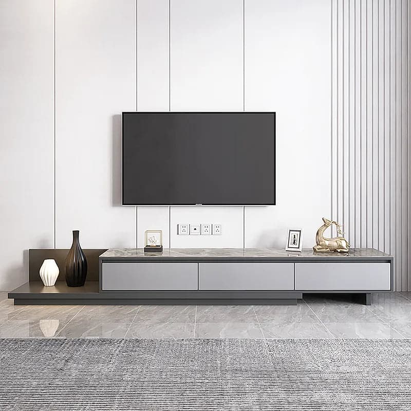 Modern Black Extendable Stone and Wood TV Stand with 3 Drawers Up to 120 Inches