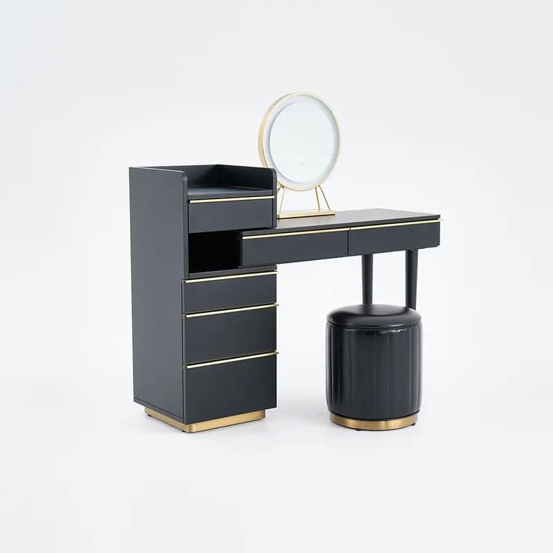 Modern Black Makeup Vanity Set Dressing Table with Lighted Mirror Cabinet and Stool#Black