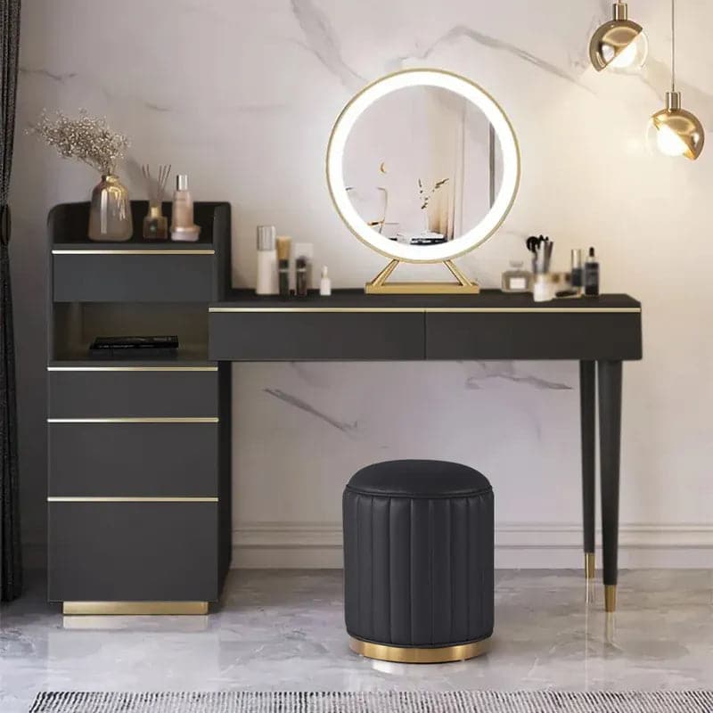 Modern Black Makeup Vanity Set Dressing Table with Lighted Mirror Cabinet and Stool#Black