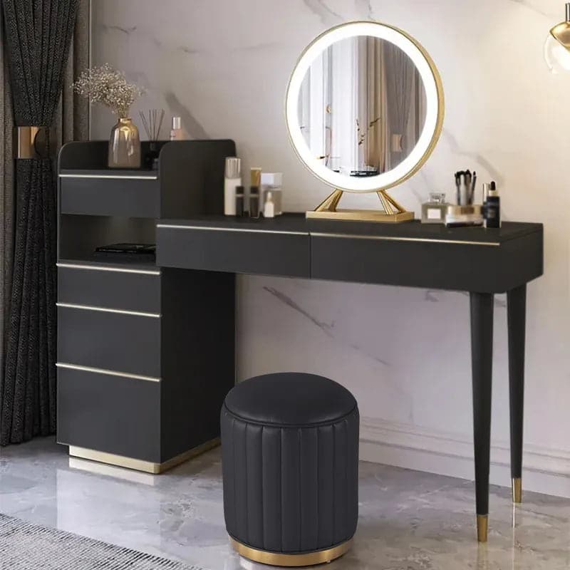 Modern Black Makeup Vanity Set Dressing Table with Lighted Mirror Cabinet and Stool#Black