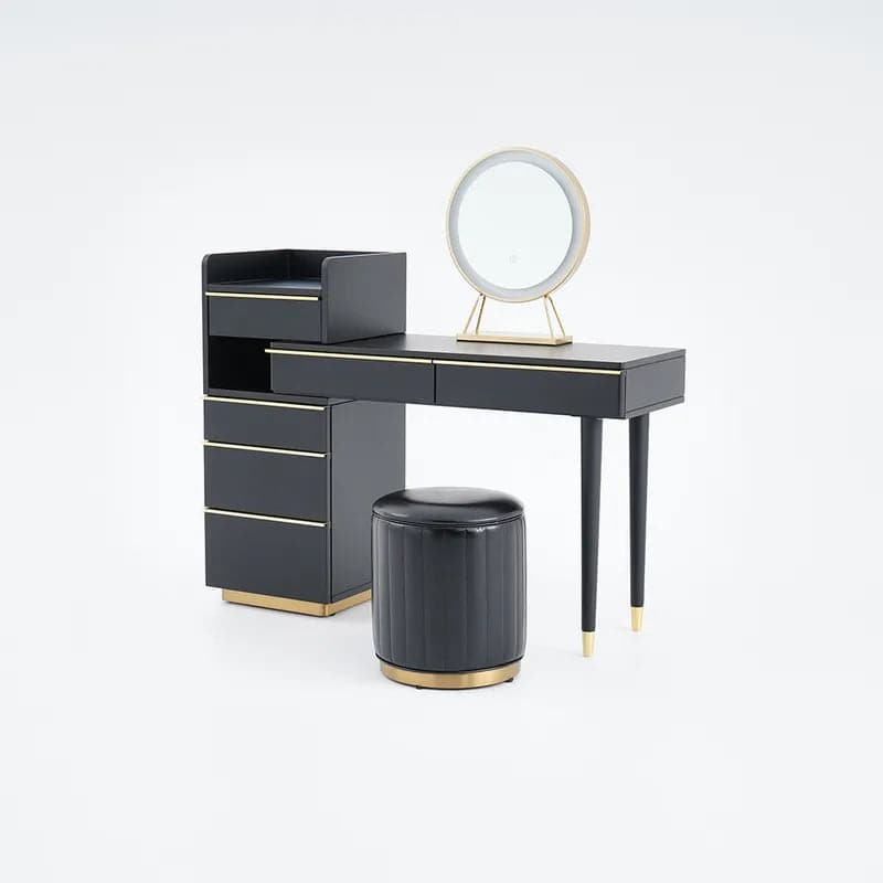 Modern Black Makeup Vanity Set Dressing Table with Lighted Mirror Cabinet and Stool#Black