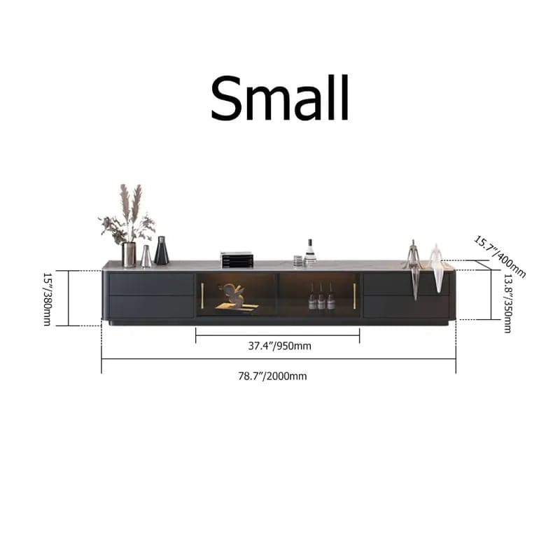 Meuble TV moderne noir, plateau en pierre frittée, 4 tiroirs, portes en verre, console multimédia de grande taille