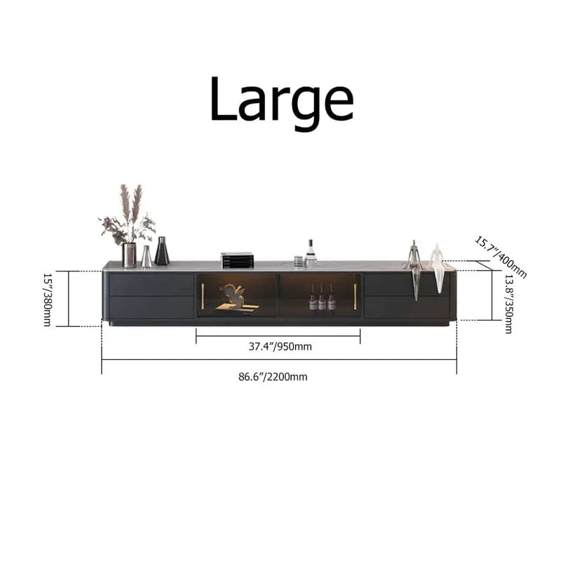 Meuble TV moderne noir, plateau en pierre frittée, 4 tiroirs, portes en verre, console multimédia de grande taille