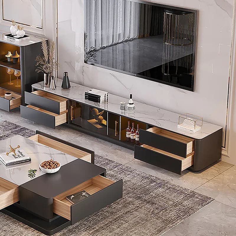 Modern Black TV Stand Sintered Stone Top 4 Drawer Glass Doors Media Console in Large