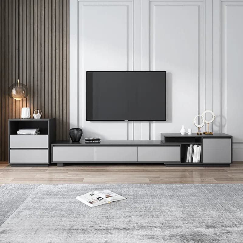 Meuble TV moderne rétractable et extensible en bois noir avec 3 tiroirs jusqu'à 120"