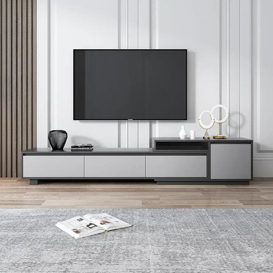 Meuble TV moderne rétractable et extensible en bois noir avec 3 tiroirs jusqu'à 120"