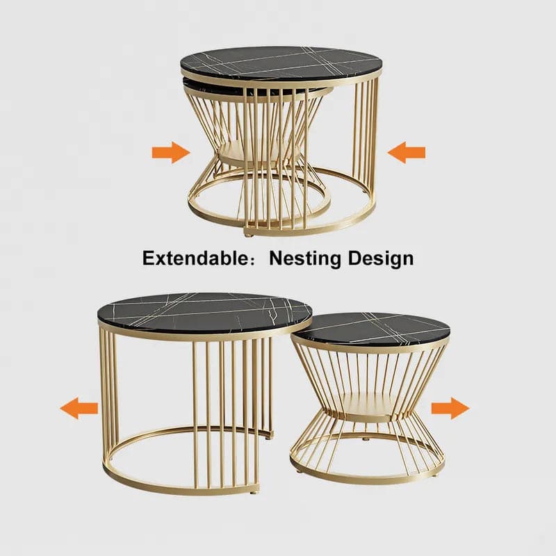 Ensemble de tables basses gigognes modernes noires et dorées avec plateau en pierre frittée, 2 pièces