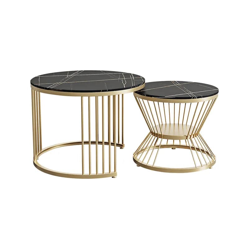 Ensemble de tables basses gigognes modernes noires et dorées avec plateau en pierre frittée, 2 pièces