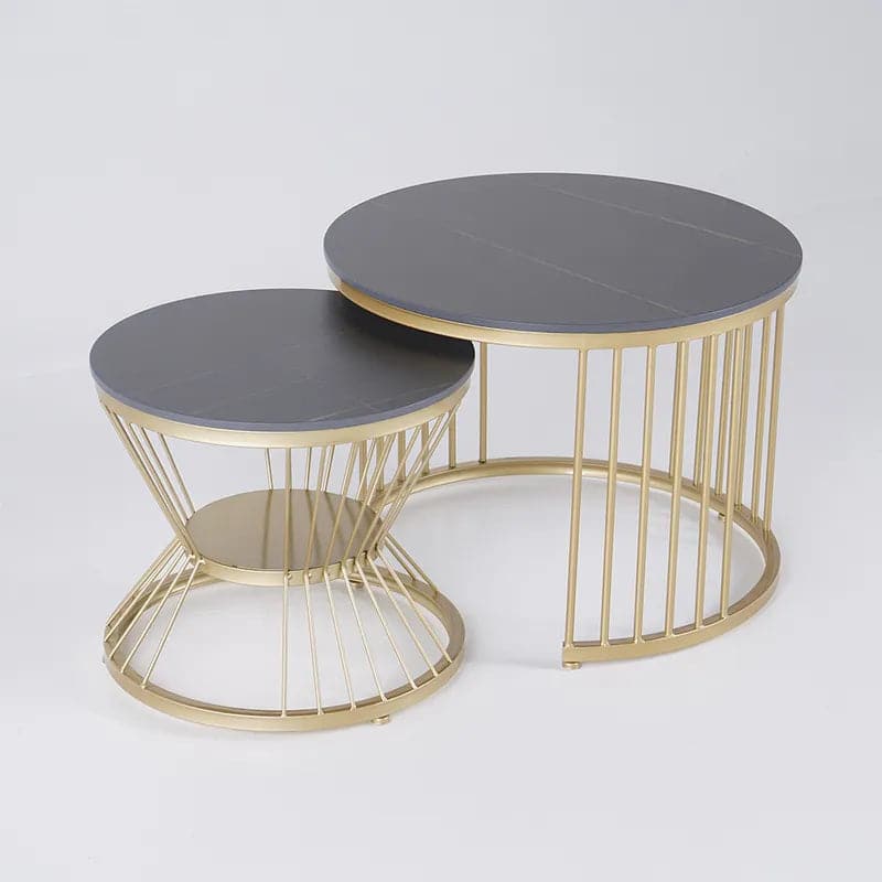 Ensemble de tables basses gigognes modernes noires et dorées avec plateau en pierre frittée, 2 pièces
