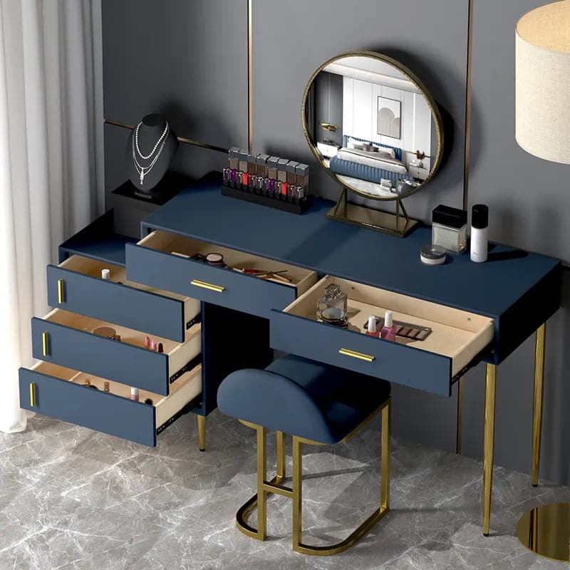 Modern Blue Makeup Vanity Set Retracted Dressing Table Cabinet Stool and Mirror Included#Blue