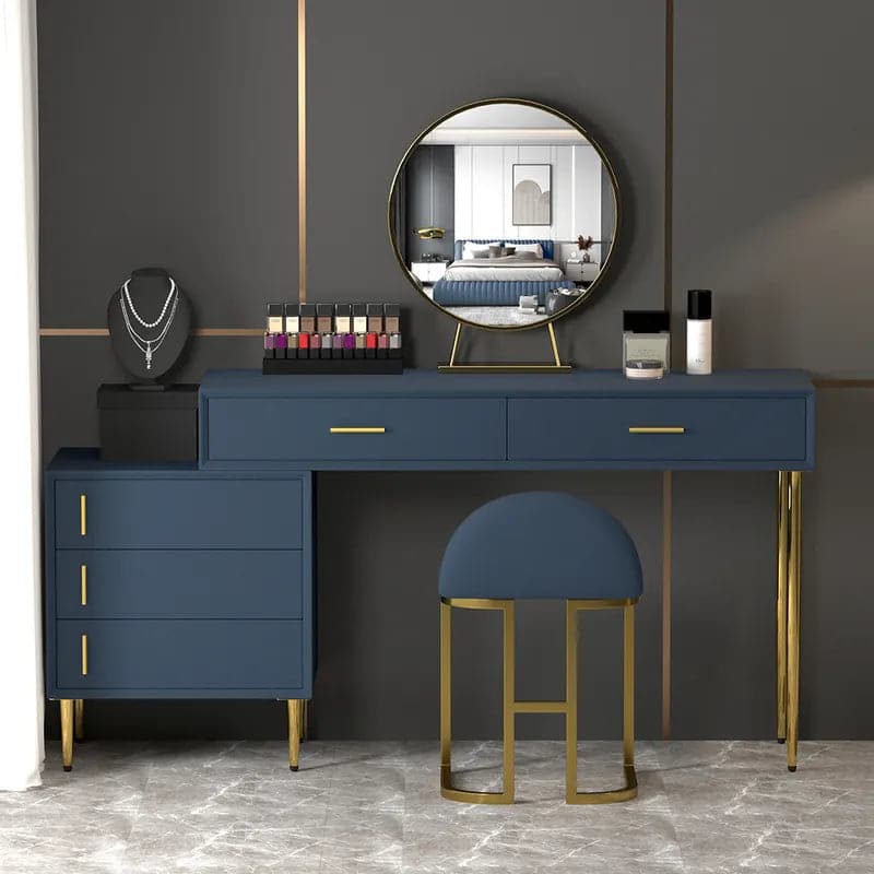 Modern Blue Makeup Vanity Set Retracted Dressing Table Cabinet&Stool&Mirror Included