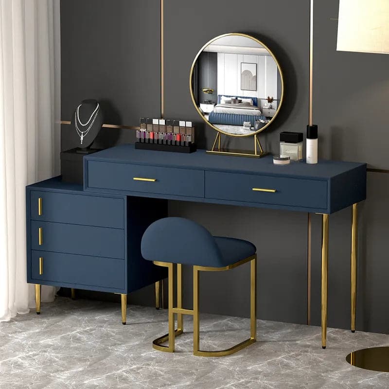 Modern Blue Makeup Vanity Set Retracted Dressing Table Cabinet Stool and Mirror Included#Blue