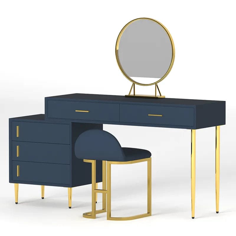 Modern Blue Makeup Vanity Set Retracted Dressing Table Cabinet Stool and Mirror Included#Blue