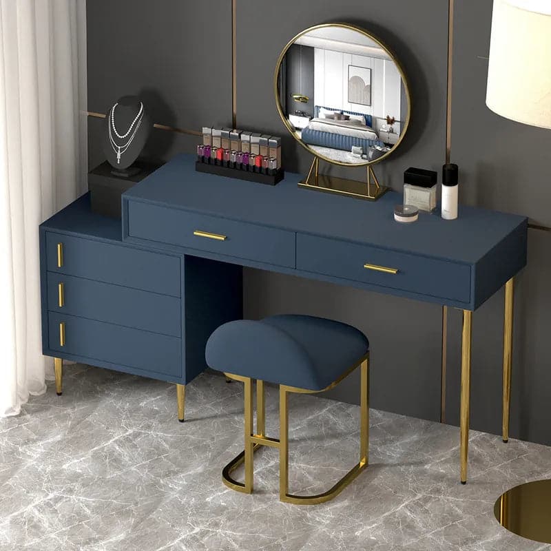 Modern Blue Makeup Vanity Set Retracted Dressing Table Cabinet Stool and Mirror Included#Blue