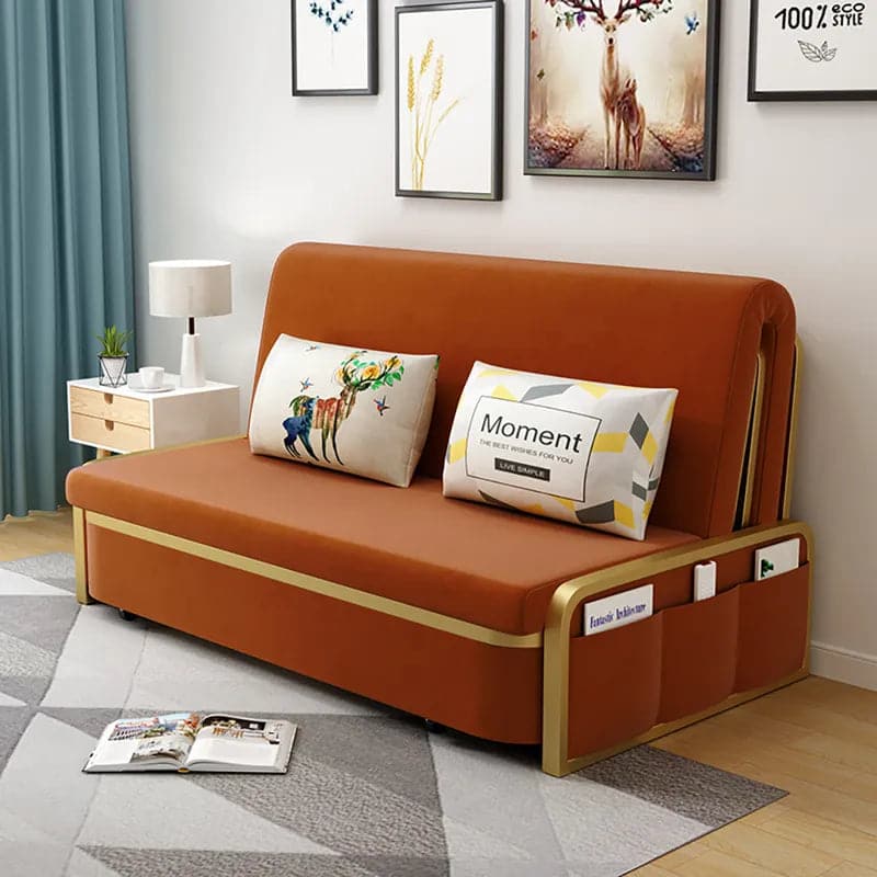 Canapé-lit convertible moderne avec rangement, revêtement en velours beige et doré