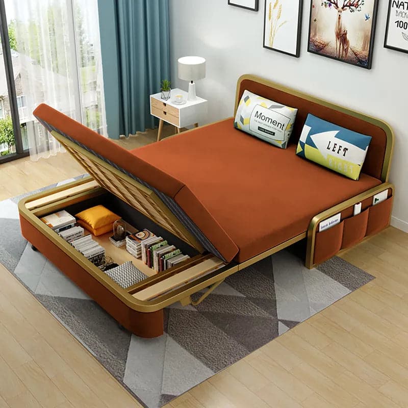 Canapé-lit convertible moderne avec rangement, revêtement en velours beige et doré