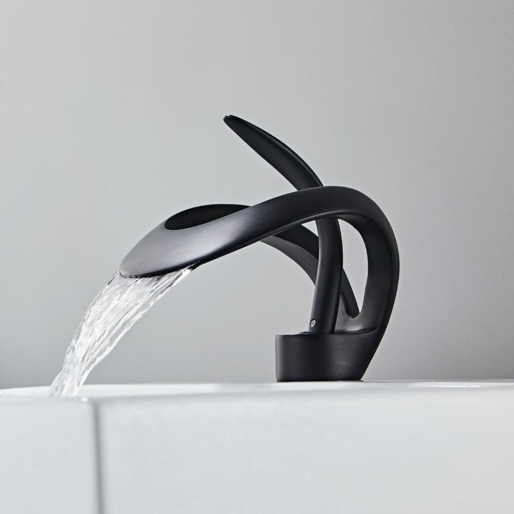 Modern Elegant Waterfall Bathroom Sink Faucet Single Handle Solid Brass in Black#Black