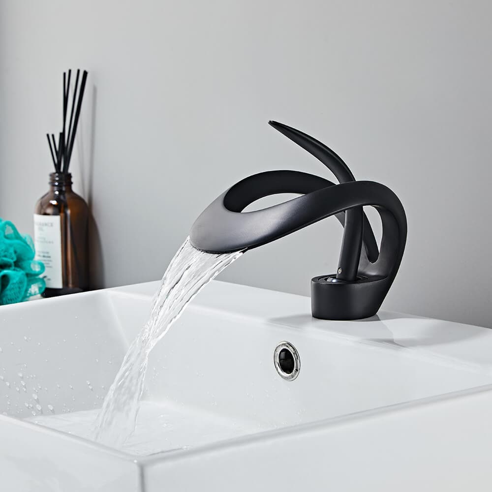 Modern Elegant Waterfall Bathroom Sink Faucet Single Handle Solid Brass in Black#Black