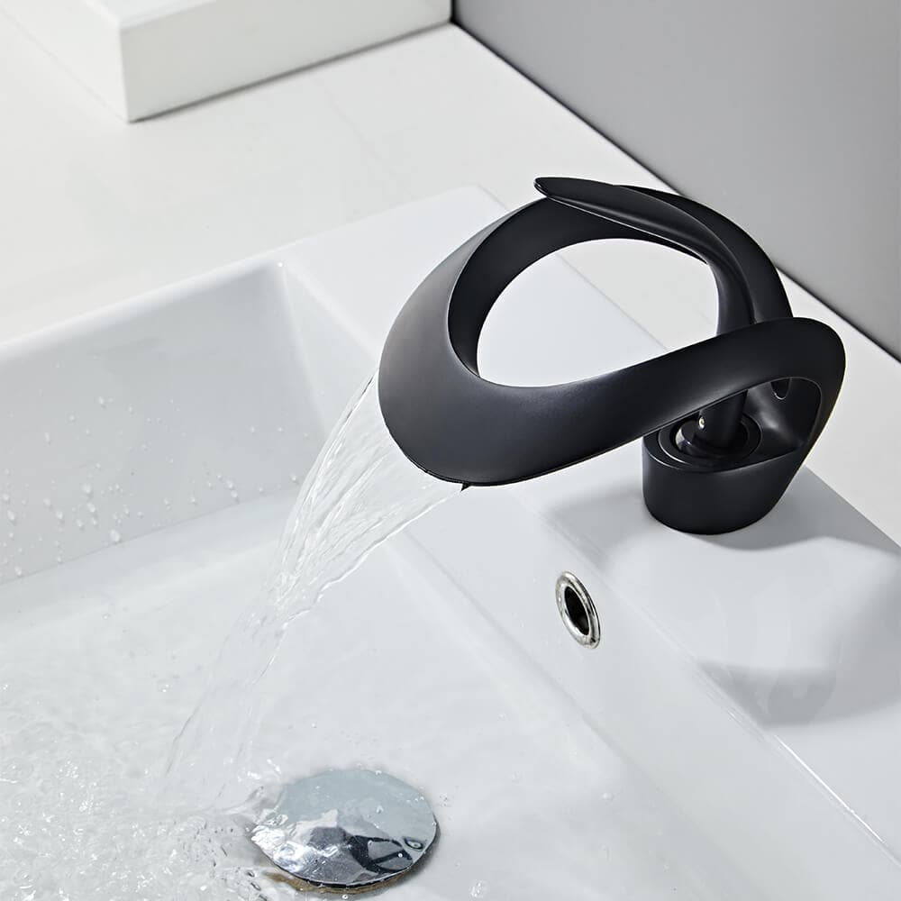 Modern Elegant Waterfall Bathroom Sink Faucet Single Handle Solid Brass in Black#Black