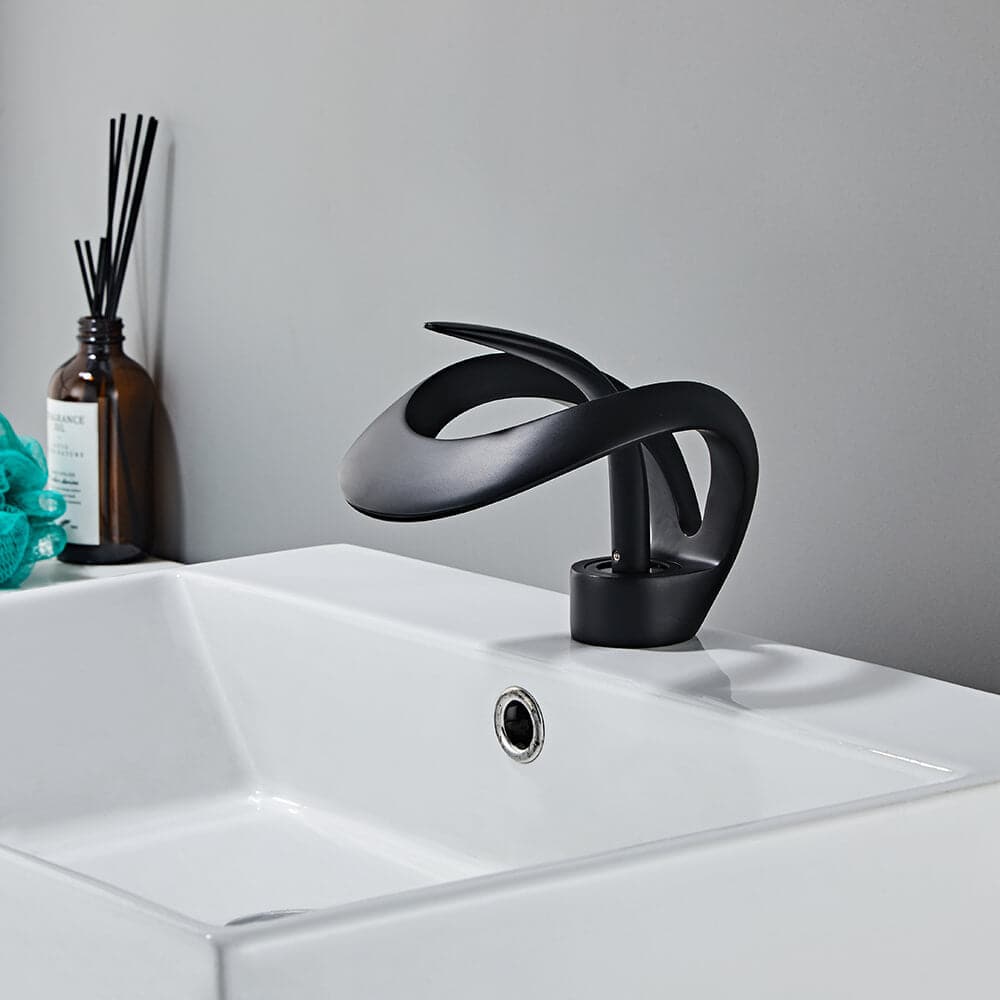 Modern Elegant Waterfall Bathroom Sink Faucet Single Handle Solid Brass in Black#Black