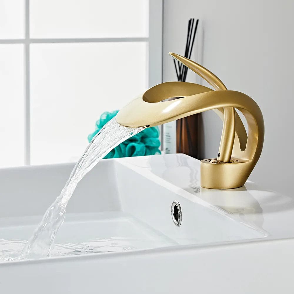 Modern Elegant Waterfall Bathroom Sink Faucet Single Handle Solid Brass in Gold#Gold