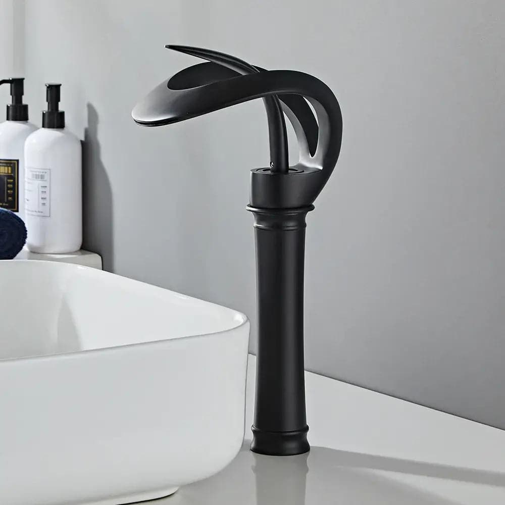 Modern Elegant Waterfall Bathroom Vessel Sink Faucet Single Handle Solid Brass in Black